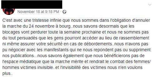 Capture d'écran du message d'annulation de la manifestation #NousToutes à Bourg-en-Bresse sur le groupe Facebook de l'événement.&nbsp; (FACEBOOK)