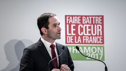 Benoît Hamon, candidat socialiste à l'élection présidentielle de 2017, durant une conférence de presse dans son bureau de campagne à Paris, le 11 février 2017. (PHILIPPE LOPEZ / AFP)