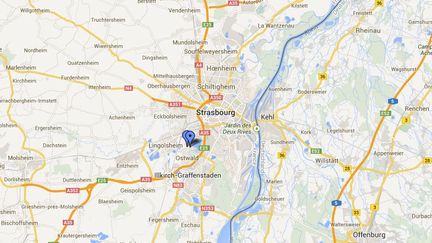 Capture d'&eacute;cran pointant la commune d'Ostwald (Bas-Rhin) o&ugrave; un adolescent de 13 ans, interpell&eacute; mercredi 21 ao&ucirc;t, a tent&eacute; de braquer une pharmacie et une voiture avec un pistolet factice. (GOOGLEMAPS / FRANCETV INFO)