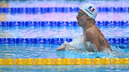 Le Français Léon Marchand, entraîné par Bob Bowman, lors des séries du 400 m 4 nages des championnats du monde à Budapest, le 18 juin 2022. (OLI SCARFF / AFP)