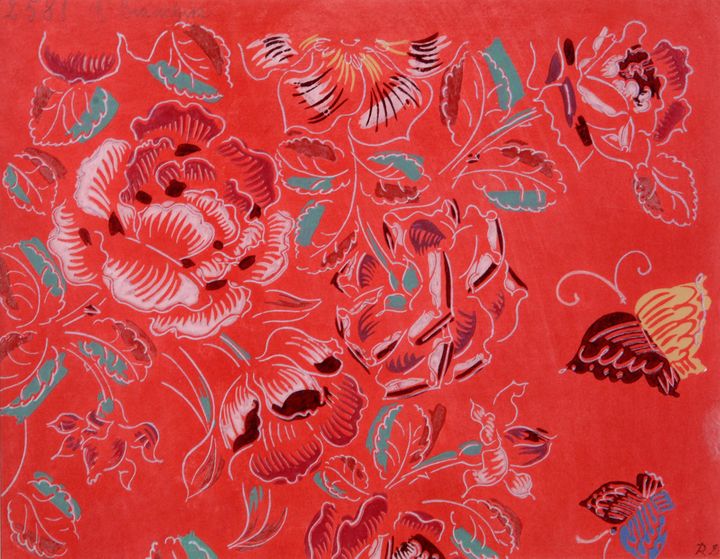 Raoul Dufy, Composition fleurs et papillons sur fond rouge , vers 1920-1924.
 (Musée Jean Cocteau collection Séverin Wunderman)