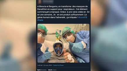 Capture d'écran d'un tweet montrant un homme avec un masque Decathlon en support de respirateur. (CAPTURE ECRAN)