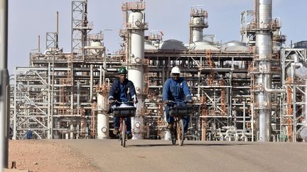 Des ouvriers devant le site gazier d'In Amenas, à 1&nbsp;300&nbsp;km d'Alger, l'un des plus importants du pays. (RYAD KRAMDI / AFP)