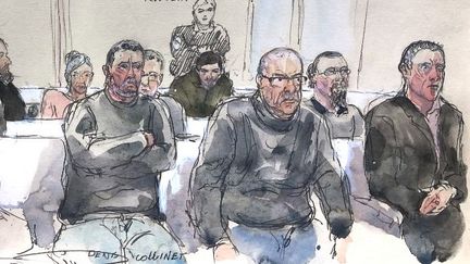 Several suspects from the small group known as "Barjols"including Jean-Pierre Bouyer (center), during their first instance trial, January 17, 2023. (BENOIT PEYRUCQ / AFP)