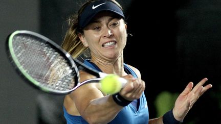 L'Espagnole Paula Badosa victorieuse d'Aryna Sabalenka, la tête de série n°1, lors de son premier match en carrière dans le Masters WTA, le jeudi 11 novembre 2021 au Mexique. (ULISES RUIZ / AFP)