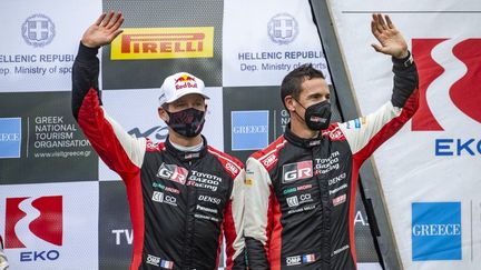 Sébastien Ogier et Julien Ingrassia, à l'arrivée du Rallye de l'Acropole en Grèce, le 9 septembre 2021.  (NIKOS KATIKIS / NIKOS KATIKIS)