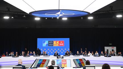 Le secrétaire général de l'Otan, Jens Stoltenberg, préside la première session plénière du sommet de l'Otan au centre de congrès Ifema à Madrid, le 29 juin 2022. (BERTRAND GUAY / POOL)