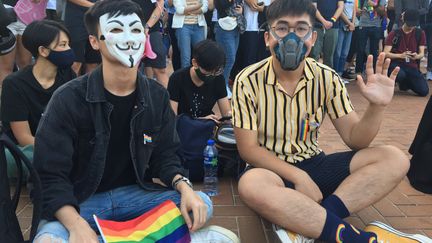 Rassemblement pour les droits&nbsp;LGBT à Hong Kong, le 16 novembre 2019, auquel se sont joints de militants pour la démocratie. (DOMINIQUE ANDRÉ / RADIO FRANCE)