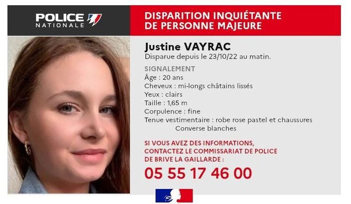 L'avis de recherche de Justine Vayrac diffusé par la police nationale de la Corrèze.&nbsp; (Police Nationale de la Corrèze)