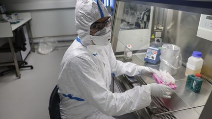 Une opératrice du laboratoire du Centre national de référence des virus respiratoires à l'Institut Pasteur à Paris, le 28 janvier 2020.&nbsp; (THOMAS SAMSON / AFP)