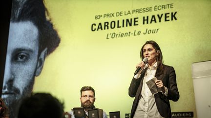 ALBERT LONDRES AWARD,&nbsp;15 novembre 2021. Présentation à Paris du Prix Albert-Londres 2021 à la BNF, remporté par la journaliste franco-libanaise Caroline Hayek. Elle dédie son prix à tous les&nbsp;Libanais et aux Syriens qui souffrent. (BENJAMIN GEMINEL / HANS LUCAS)