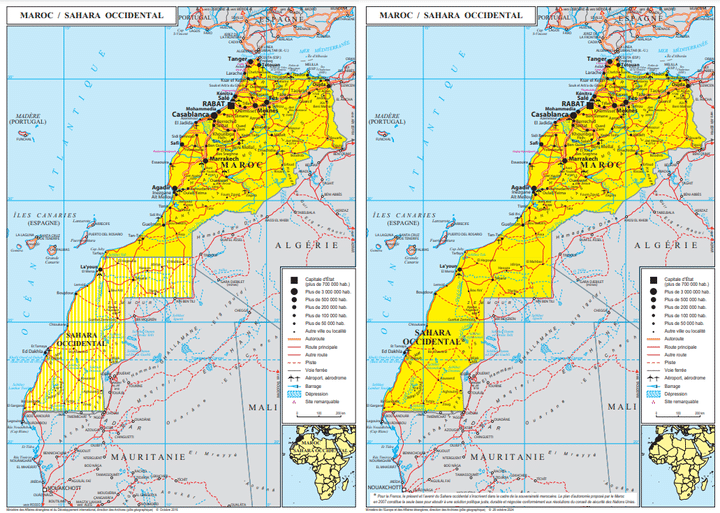 Le ministère français des Affaires étrangères a mis à jour la carte du Maroc, pour inclure automatiquement le territoire contesté du Sahara occidental, mercredi 30 octobre 2024. (MINISTÈRE DES AFFAIRES ÉTRANGÈRES)