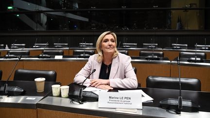 Marine Le Pen lors de son audition devant la commission d'enquête sur les ingérences étrangères, le 24 mai 2023. (CHRISTOPHE ARCHAMBAULT / AFP)