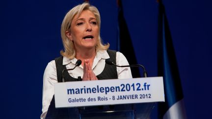 La candidate du Front national, Marine Le Pen, lors de la galette des rois organis&eacute;e par son parti, &agrave; Saint-Denis (Seine-Saint-Denis), le 8 janvier 2012. (CITIZENSIDE.COM)