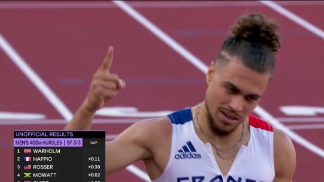 Le Français Wilfired Happio s'est qualifié pour la finale du 400 mètres haies en terminant deuxième de sa demi-finale. L'athlète de 23 ans a battu son record personnel en signant un chrono de 48 secondes et 14 centièmes, soit le deuxième meilleur temps français de l'histoire. Le double champion du monde de la discipline Karsten Warholm a quant à lui remporté sa demi-finale et sera bien au rendez-vous de la finale.