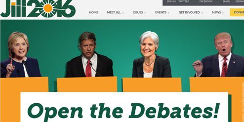 Montage montrant un débat à quatre provenant d'une capture écran du site de Jill Stein, une des deux candidats évincés du débat. (DR)