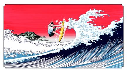 Surf / Les débuts de la discipline aux Jeux olympiques. "J'avais envie de mettre en lumière ce nouveau sport pour sa première aux JO, avec une vague grandement inspirée des estampes de Katsuhika Hokusai ("La grande vague de Kanagawa"), même si les surfeurs n'ont pas eu de tels monstres à se mettre sous la dent malheureusement." ((c) Camille Moulin-Dupré)