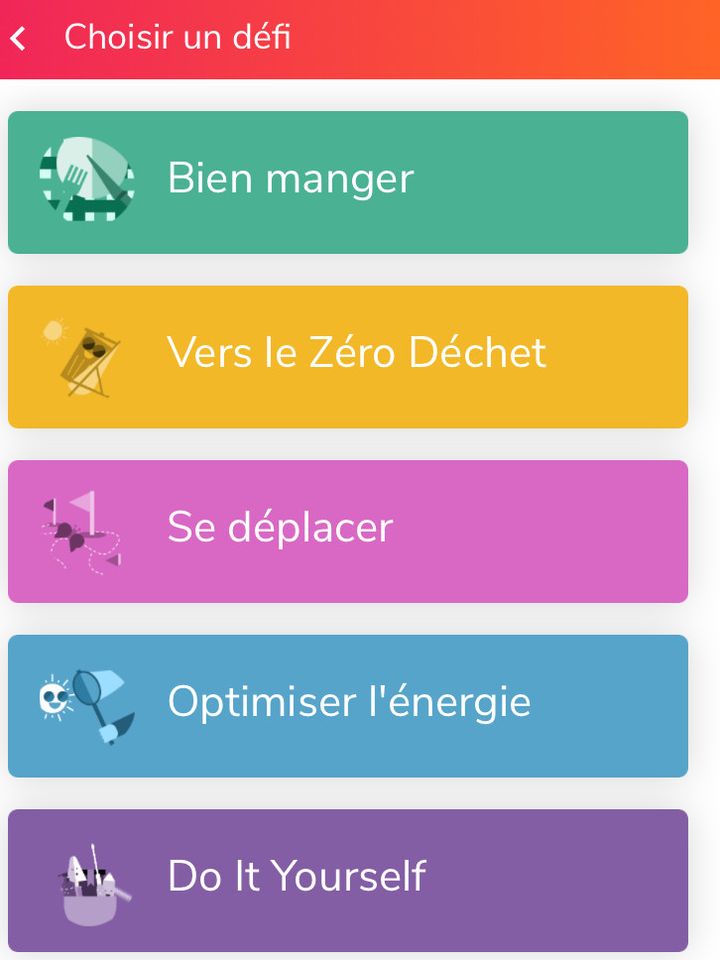 L'application propose de choisir ces défis classés par catégorie. (WAG)