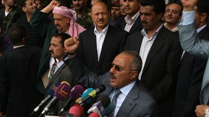 Le président yéménite, Ali Abdullah Saleh, s'adressant à des partisans le 8 avril 2011 à Sanaa, capitale du Yémen (AFP - MOHAMMED HUWAIS)