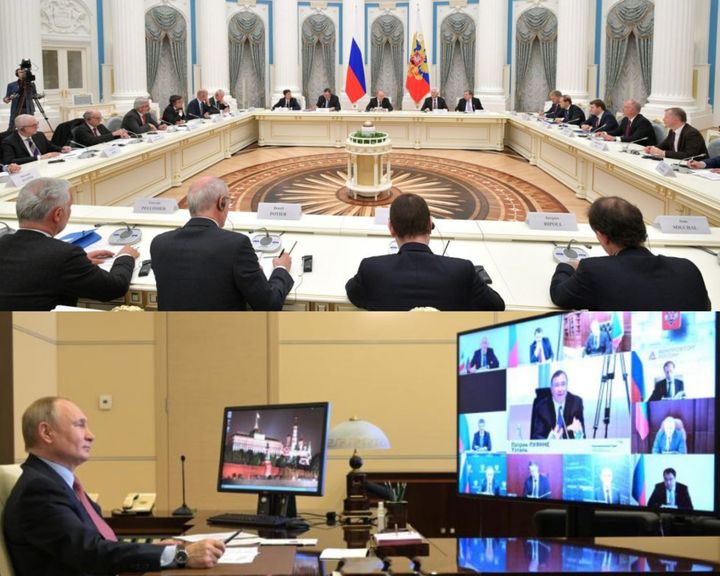 Rencontre entre Vladimir Poutine et les grands patrons français en 2019 au Kremlin et en 2021 en visioconférence. (CAPTURES D'ECRAN DU SITE DE LA CCI)