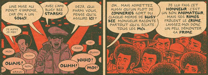 Le début de la battle durant laquelle Kool Moe Dee atomise Busy Bee en 1981, extrait de "Hip Hop Family Tree Volume 1", page 87.
 (Ed Piskor / Fantagraphics / Papa Guédé Editions)