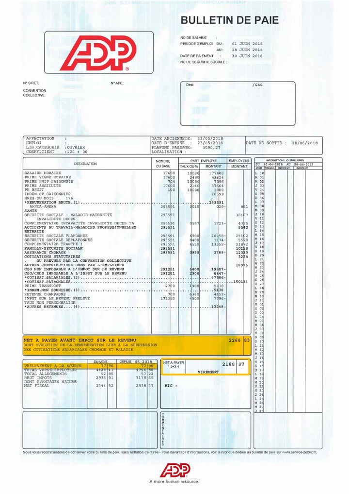 Un exemple de bulletin de paie édité par la société ADP. (DR)