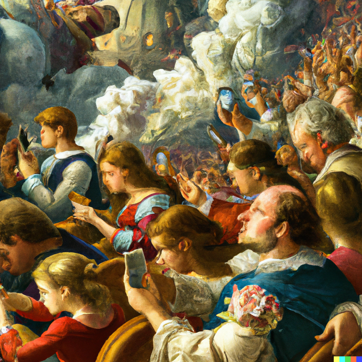 Une image créée avec le système Dall-E 2 selon les instructions suivantes : "A crowd of individuals staring at their phones, not noticing huge explosions in the background, in a renaissance style painting, high details" (DALL-E 2 / FRANCEINFO)