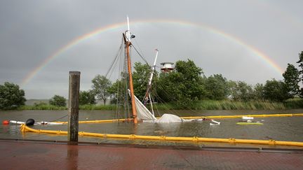 Le "N°5 Elbe" a coulé dans le port de Stade, près de Hambourg (nord de l'Allemagne), le 8 juin 2019. (BODO MARKS / DPA / AFP)