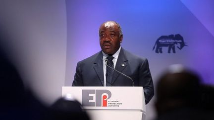 Le président gabonais Ali Bongo Ondimba, le 11 octobre 2018 à Londres, lors d'un discours prononcé pendant la conférence sur le commerce illégal d'espèces sauvages.  (Chris Jackson / POOL / AFP)