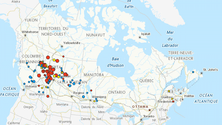 Le Système canadien d’information sur les feux de végétation fait état d'incendies en Alberta, province du Canada, le 7 mai 2023. (CAPTURE D'ECRAN / SYSTEME CANADIEN D'INFORMATION SUR LES FEUX DE VEGETATION)