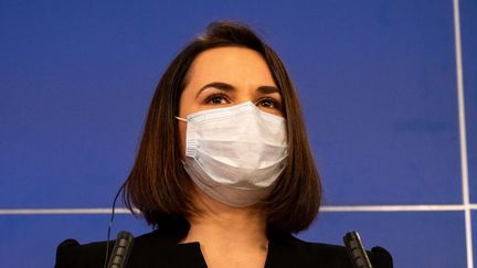 La cheffe de l'opposition biélorusse, Svetlana Tikhanovskaia, à Bruxelles, le 16 décembre 2020. (MARTIN BERTRAND / HANS LUCAS)