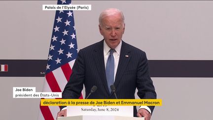 Le président américain Joe Biden lors d'une allocution commune avec Emmanuel Macron, à l'Elysée, à Paris, le 8 juin 2024. (FRANCE TELEVISIONS)