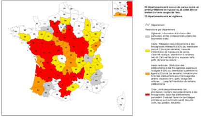 &nbsp; (Etat des arrêtés de limitation des usages de l'eau au 23 juillet 2015 © Ministère du développement durable)