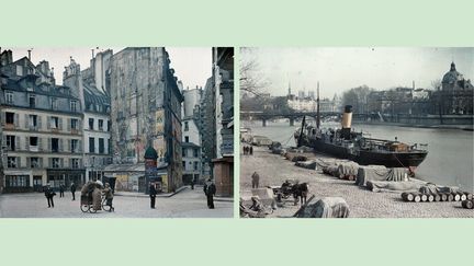 A gauche, Stéphane Passet, Paris 2e, carrefour des rues d'Alexandrie, Sainte-Foy et Saint-Spire, 25 juillet 1914 - A droite, Auguste Léon, Paris 1er, le quai du Louvre, 19 mars 1920 (© Département des Hauts-de-Seine, Musée départemental Albert Kahn, Collection des archives de la Planète)