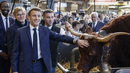 Emmanuel Macron pose avec Ovalie, la vache Salers mascotte de cette édition du Salon de l'agriculture, le 25 février 2023 à Paris. (LUDOVIC MARIN / AFP)