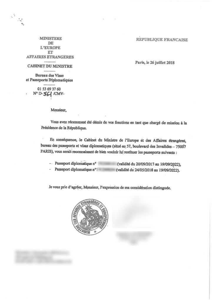 Dans un courrier recommandé daté du 26 juillet 2018, le ministère des Affaires étrangères demande à Alexandre Benalla de restituer ses passeports. (FRANCEINFO)