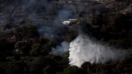 Un hélicoptère intervient sur les incendies qui ravagent l'île d'Eubée, en Grèce, le 25 juillet 2023. (GEORGE VITSARAS / ANA-MPA / MAXPPP)