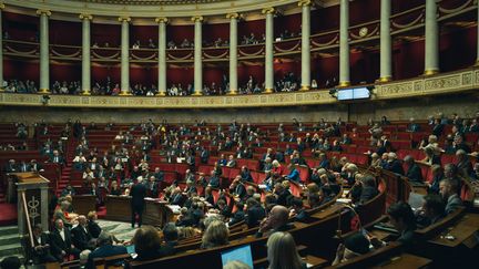 Une vue des députés réunis au sein de l'Assemblée nationale à Paris, le 26 novembre 2024. (EDOUARD MONFRAIS-ALBERTINI / HANS LUCAS / AFP)