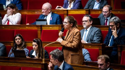 La présidente du groupe Renaissance à l'Assemblée nationale, Aurore Bergé, au micro dans l'hémicycle, le 17 octobre 2022. (XOSE BOUZAS / HANS LUCAS / AFP)