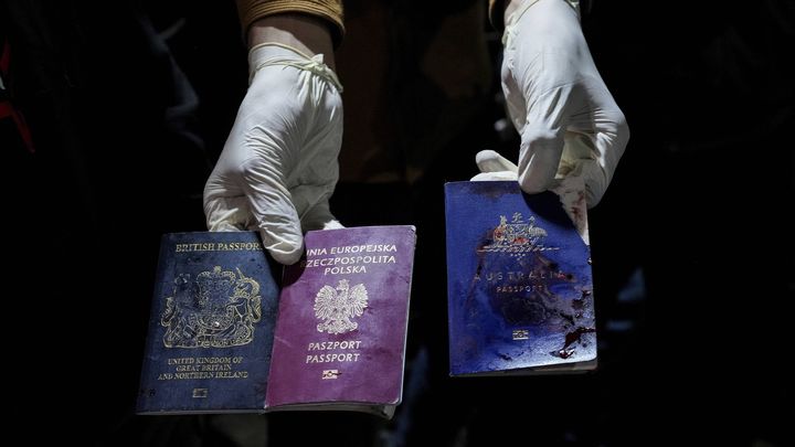 The British, Polish and Australian passports of three victims of the NGO World Central Kitchen killed in a strike in the Gaza Strip, April 1, 2024. (ABDEL KAREEM HANA / AP / SIPA)