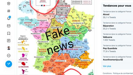 Une carte censée montrer les étapes du déconfinement circule par messages et sur les réseaux sociaux, depuis le lundi 6 avril. (CAPTURE D'ECRAN TWITTER)