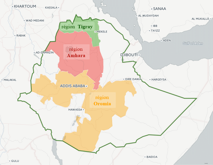 Les régions Oromia (rouge) et Ahmara (jaune) sont les régions les plus peuplées de l'Éthiopie (frontières en vert), pays pourtant contrôlé par les Tigréens (dont la région est en vert). La capitale, Addis-Abeba, ne dépend pas de la région Oromia: elle dispose de sa propre administration. (Valentin Pasquier / CartoDB)