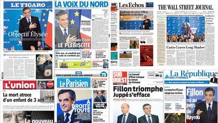 Montage des unes de la presse datées du 28 novembre 2016 après la victoire de François Fillon à la primaire de la droite. (DR)