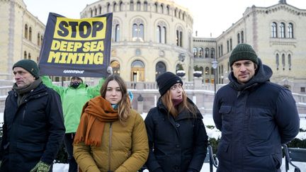 Des militants pour le climat, dont la Française Camille Etienne (deuxième à gauche), le 9 janvier 2024 devant le Parlement à Oslo, en Norvège. (JAVAD PARSA / NTB)