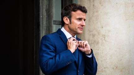 Emmanuel Macron, sur le perron de l'Elysée, le 3 juin 2022.&nbsp; (XOSE BOUZAS / AFP)