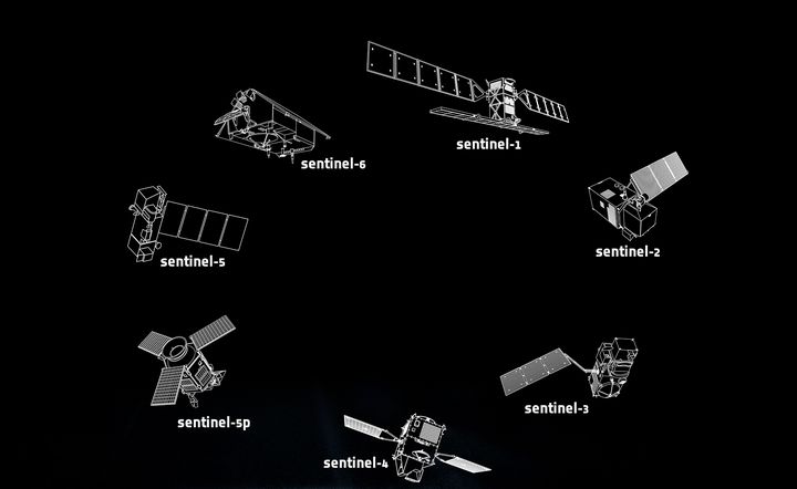 Image d'illustration montrant des schémas des satellite de la famille Sentinel. (ESA)