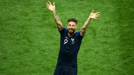 Le footballeur français Olivier Giroud, le 15 juillet 2018, à Moscou (Russie) célèbre la victoire des siens contre la Croatie.&nbsp; (MATTEO CIAMBELLI / NURPHOTO / AFP)