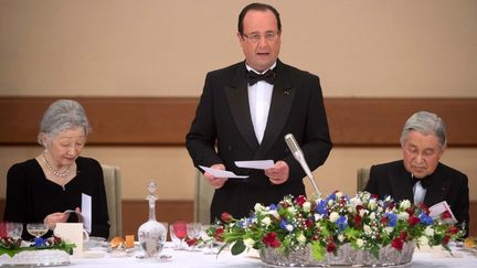 Fran&ccedil;ois Hollande prononce un discours lors d'un d&icirc;ner au palais imp&eacute;rial de Tokyo (Japon), le 7 juin 2013. (BERTRAND LANGLOIS / AFP)