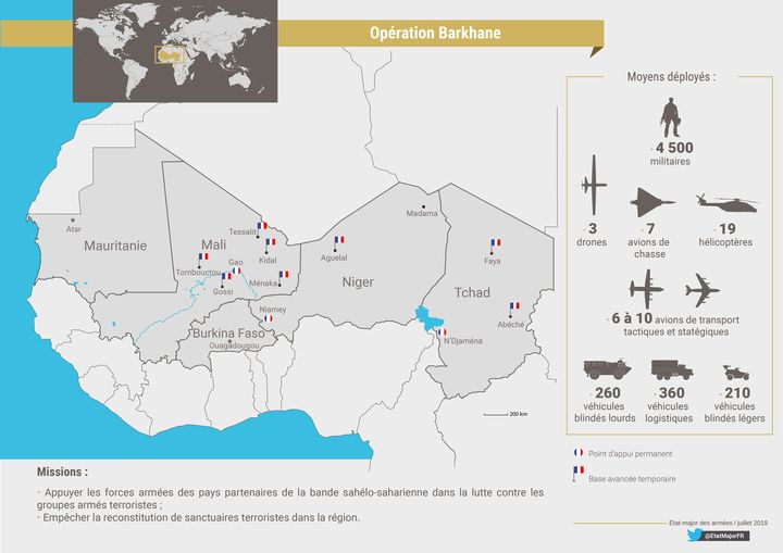 Cartographie de l'opération Barkhane faite par l'état-major des armées en juin 2019. (ETAT-MAJOR DES ARMÉES)