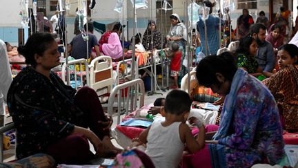 Des patients atteints de la dengue sont traités à Dacca, au Bangladesh, le 17 septembre 2023. (STR / NURPHOTO / AFP)